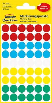 Etikett, 12 mm, kör, AVERY ZWECKFORM, 5 különböző szín, 270 etikett/csomag