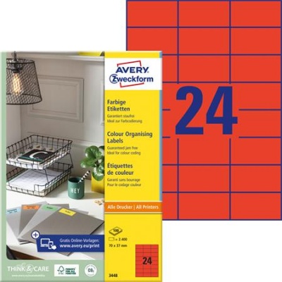 Etikett, 70x37 mm, színes, AVERY ZWECKFORM, piros, 2400 etikett/csomag