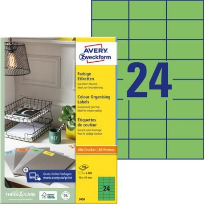Etikett, 70x37 mm, színes, AVERY ZWECKFORM, zöld, 2400 etikett/csomag