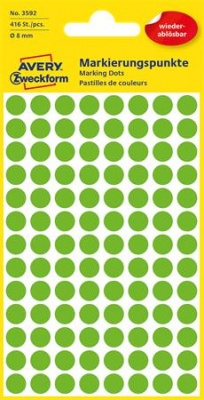 Etikett, 8 mm, kör, eltávolítható, AVERY ZWECKFORM, fűzöld, 416 etikett/csomag