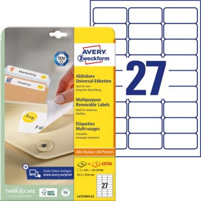 Etikett, univerzális, eltávolítható, 63,5x29,6 mm, AVERY ZWECKFORM, 810 etikett/csomag
