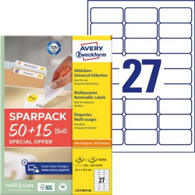 Etikett, univerzális, eltávolítható, 63,5x29,6 mm, AVERY ZWECKFORM, "Sparpack", 1755 etikett/csomag
