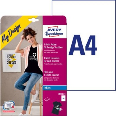 Fólia, vasalható, A4, tintasugaras nyomtatóba, sötét és színes textilhez, AVERY ZWECKFORM