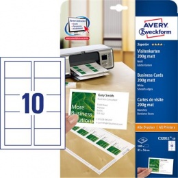 Névjegykártya, 85x54 mm, 200 g, mikroperforált, AVERY ZWECKFORM, 100 db/csomag